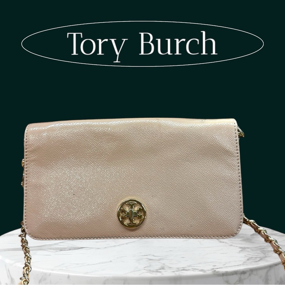 TORY BURCH Pink Patent Leather Gold Braided Chain Strap Clutch Shoulder Bag